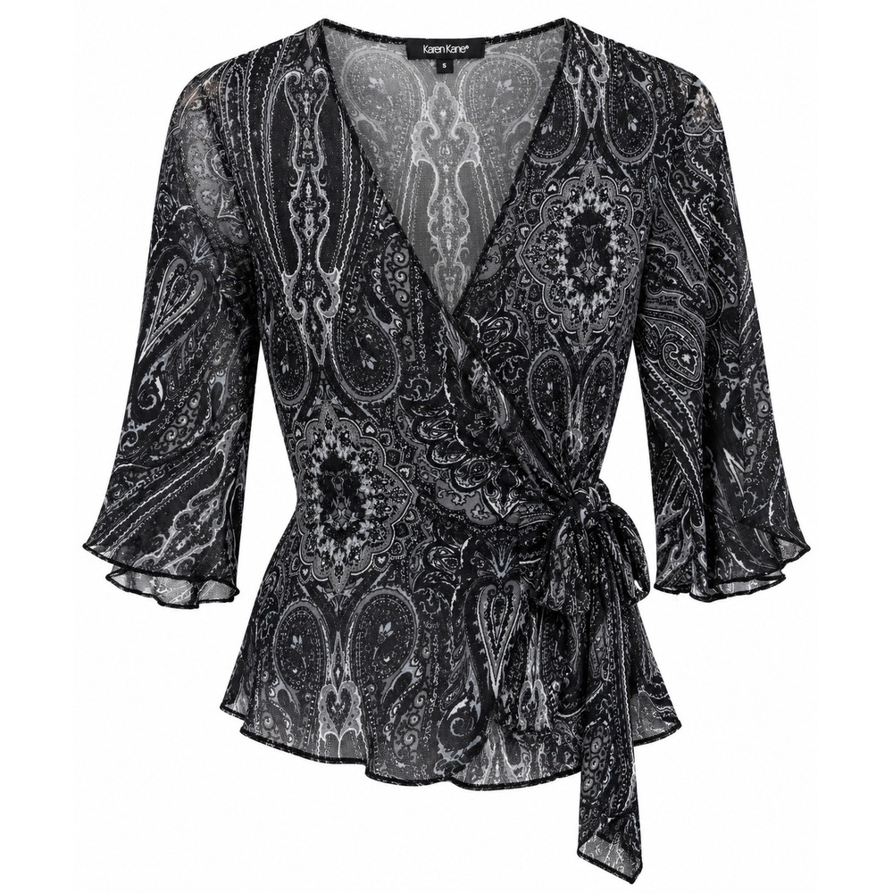 Vintage Sheer Whimsigoth Paisley Mesh Faux Wrap Top Bell Sleeve Y2K Size S